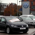 File photograph of Volkswagen cars parked outside a VW dealership in London